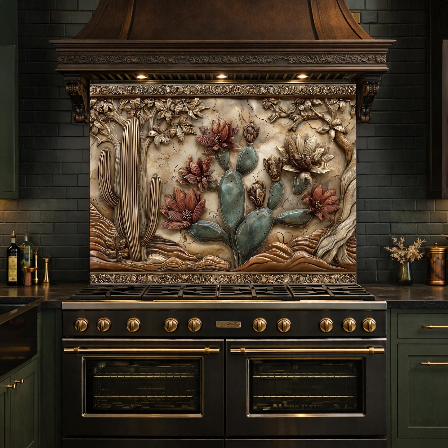 Desert Wilderness Tempered Glass Backsplash, Copper Look Cactus Mountain Wall Panel, Custom Size