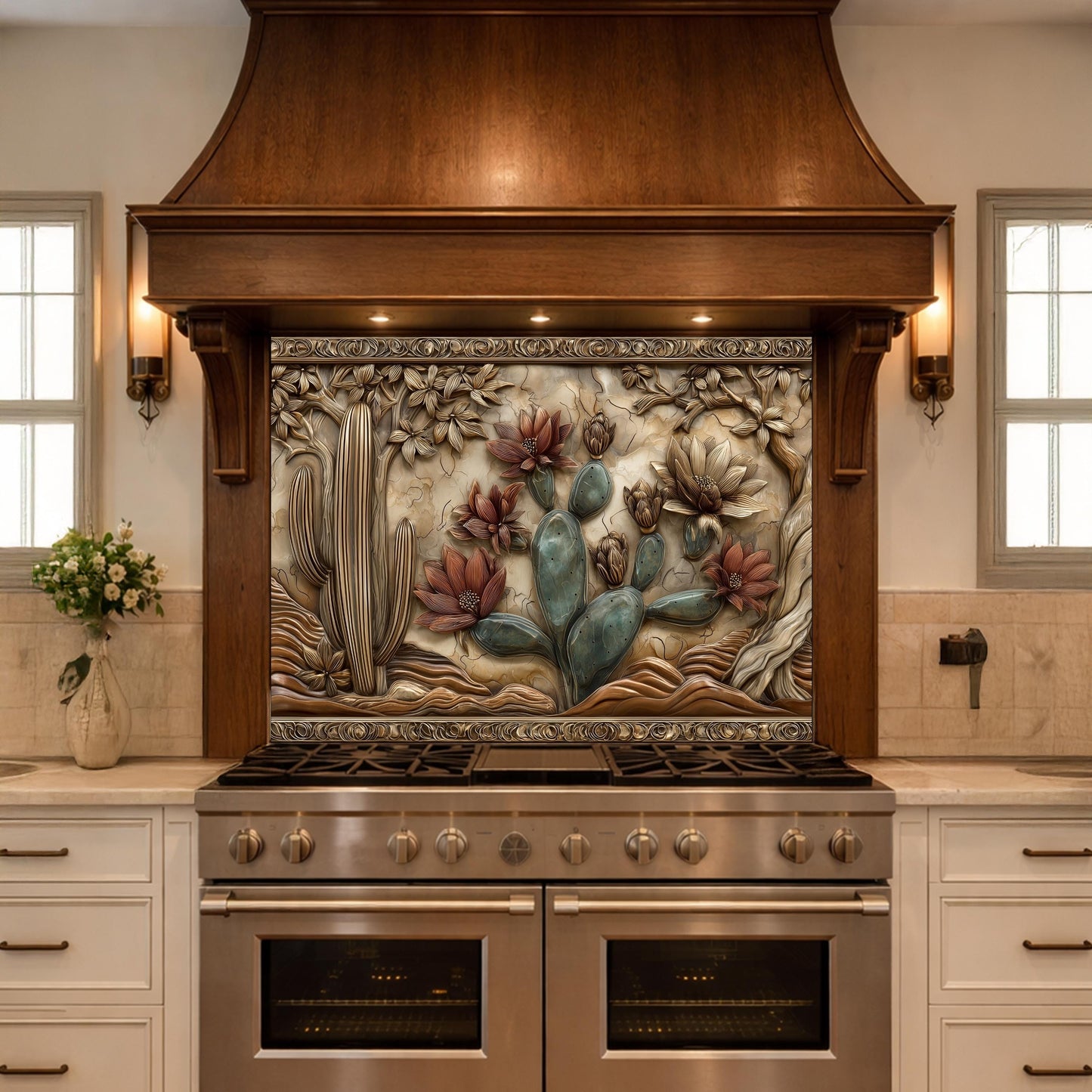 Desert Wilderness Tempered Glass Backsplash, Copper Look Cactus Mountain Wall Panel, Custom Size