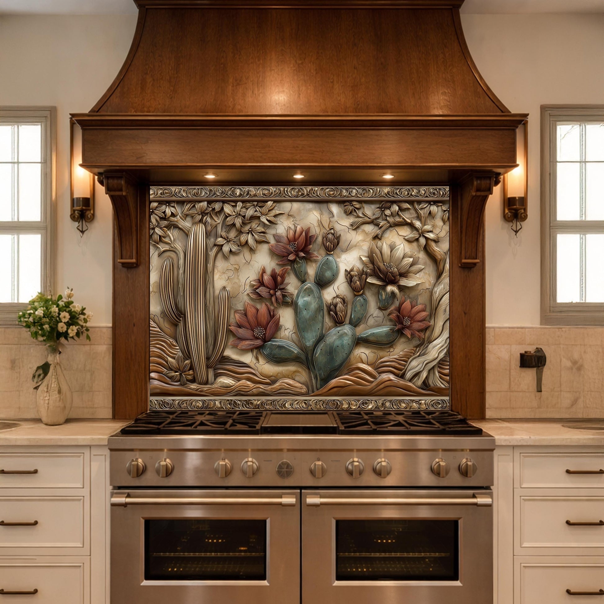 Desert Wilderness Tempered Glass Backsplash, Copper Look Cactus Mountain Wall Panel, Custom Size