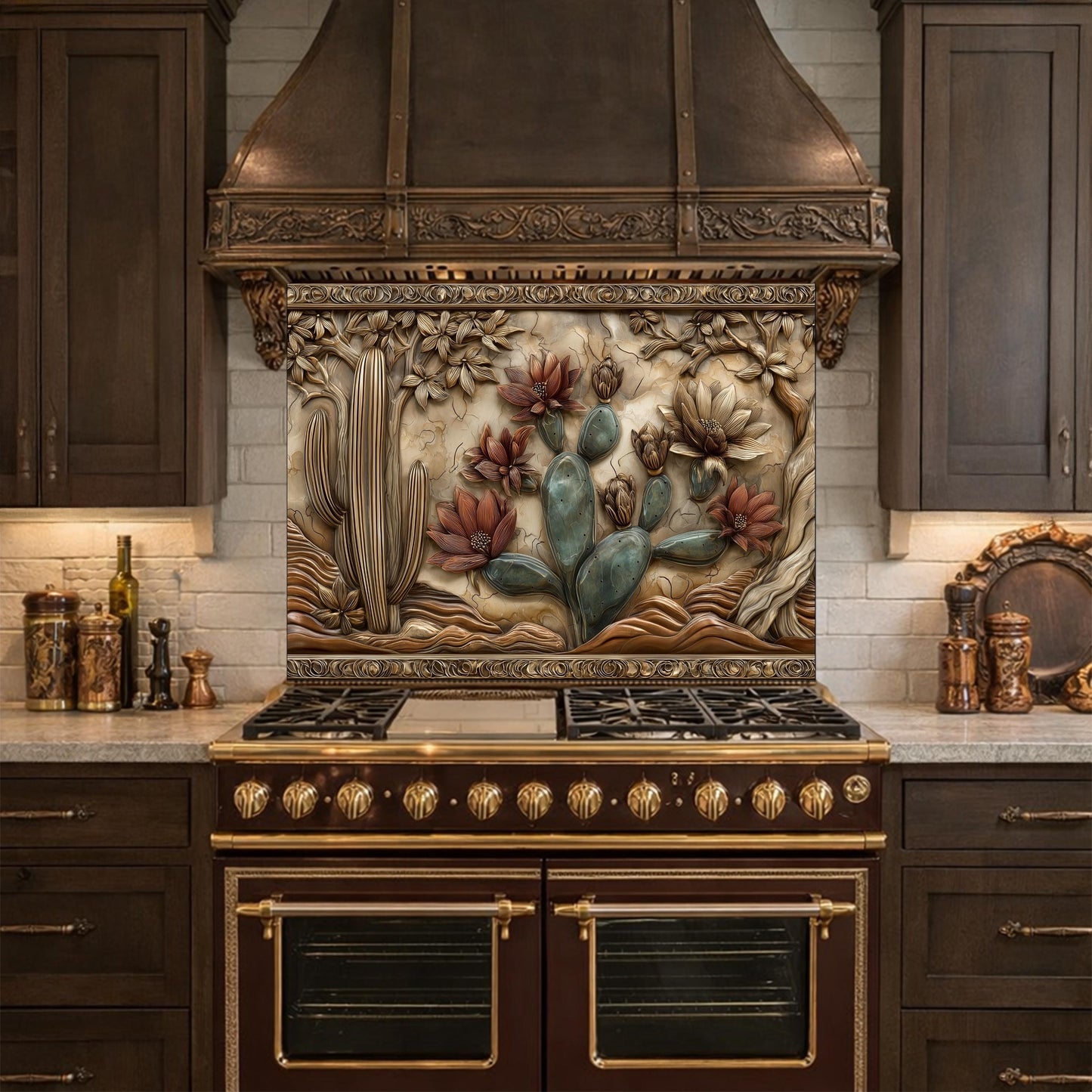 Desert Wilderness Tempered Glass Backsplash, Copper Look Cactus Mountain Wall Panel, Custom Size