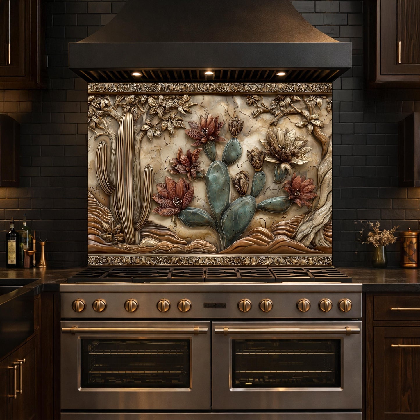 Desert Wilderness Tempered Glass Backsplash, Copper Look Cactus Mountain Wall Panel, Custom Size