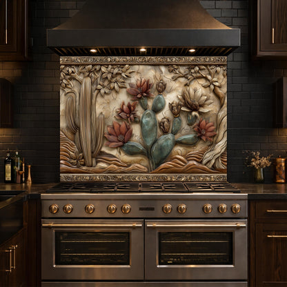 Desert Wilderness Tempered Glass Backsplash, Copper Look Cactus Mountain Wall Panel, Custom Size
