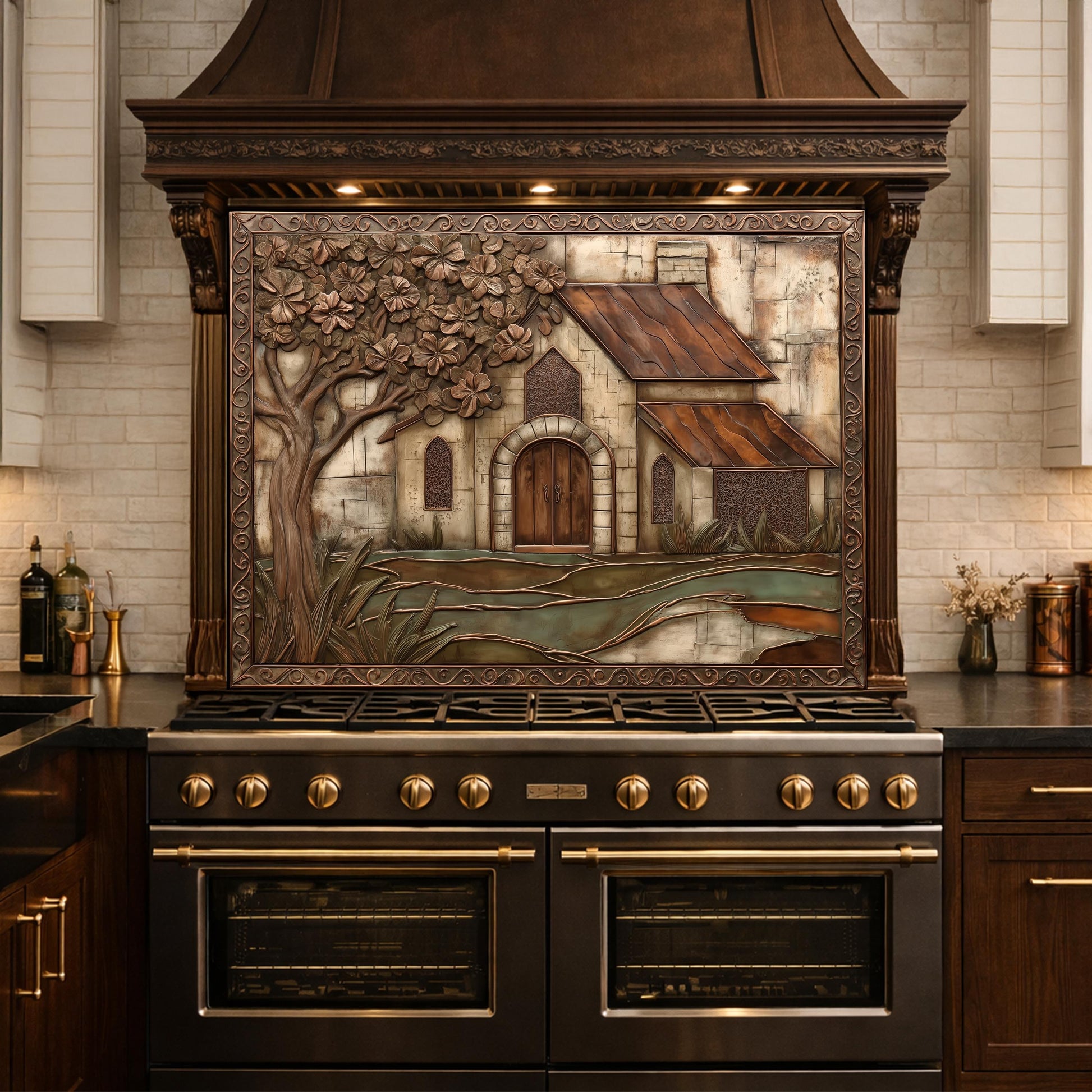 Vintage Cottage Tempered Glass Backsplash, Copper Look Farmhouse Wall Panel, Custom Size