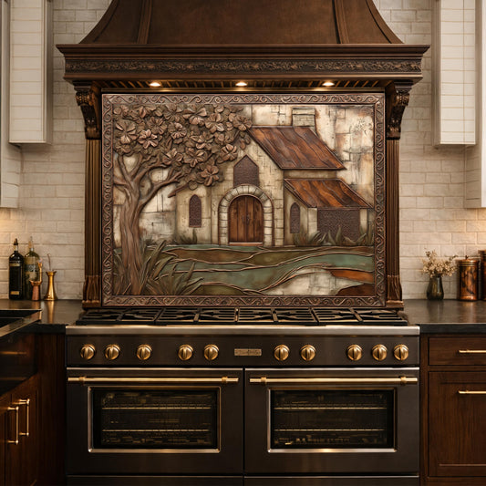 Vintage Cottage Tempered Glass Backsplash, Copper Look Farmhouse Wall Panel, Custom Size