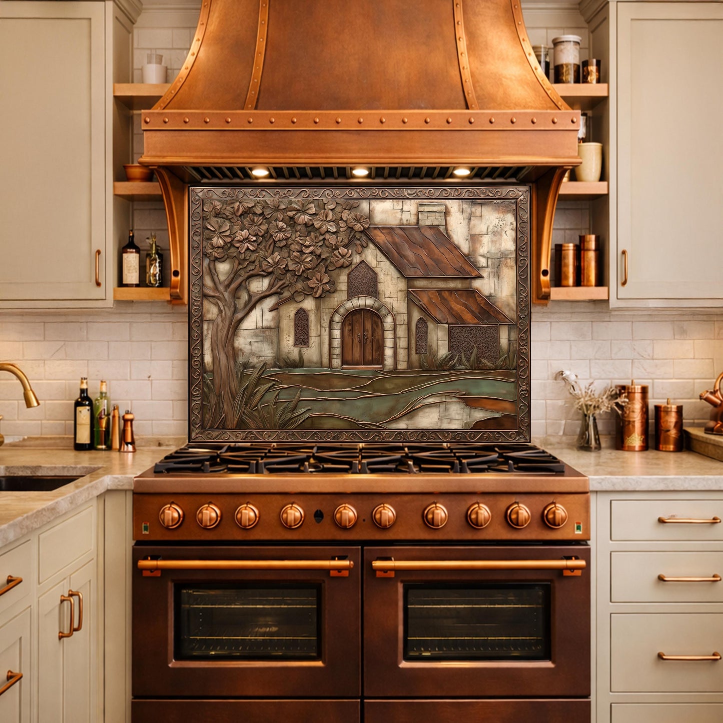 Vintage Cottage Tempered Glass Backsplash, Copper Look Farmhouse Wall Panel, Custom Size