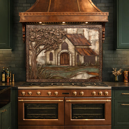 Vintage Cottage Tempered Glass Backsplash, Copper Look Farmhouse Wall Panel, Custom Size