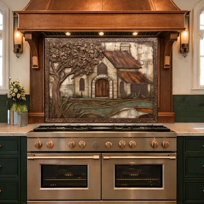Vintage Cottage Tempered Glass Backsplash, Copper Look Farmhouse Wall Panel, Custom Size