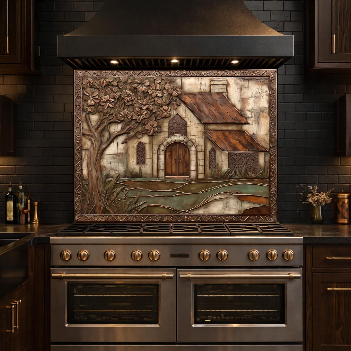 Vintage Cottage Tempered Glass Backsplash, Copper Look Farmhouse Wall Panel, Custom Size