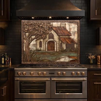 Vintage Cottage Tempered Glass Backsplash, Copper Look Farmhouse Wall Panel, Custom Size