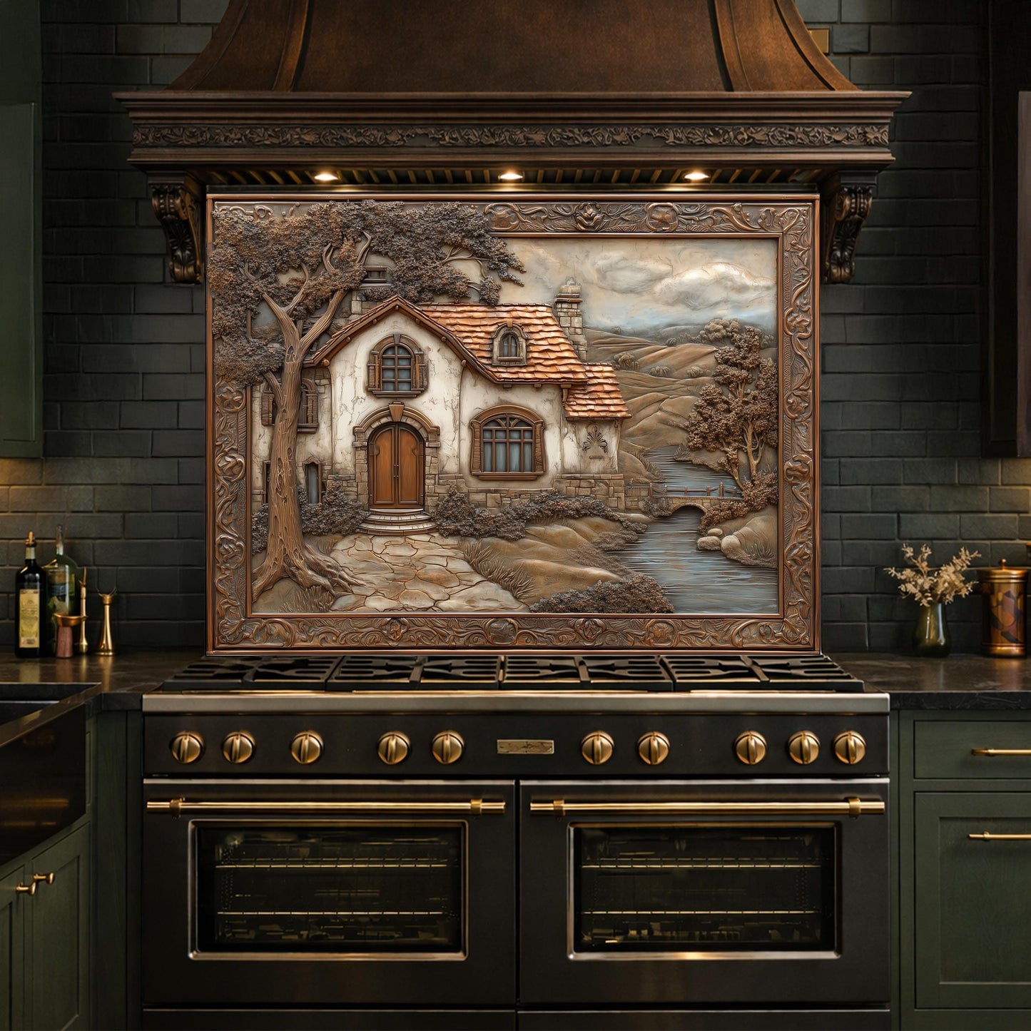 Rustic Farmhouse Tempered Glass Backsplash, Copper Look Country Cottage Wall Panel, Custom Size