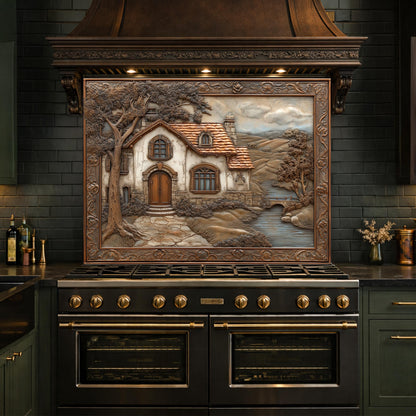 Rustic Farmhouse Tempered Glass Backsplash, Copper Look Country Cottage Wall Panel, Custom Size