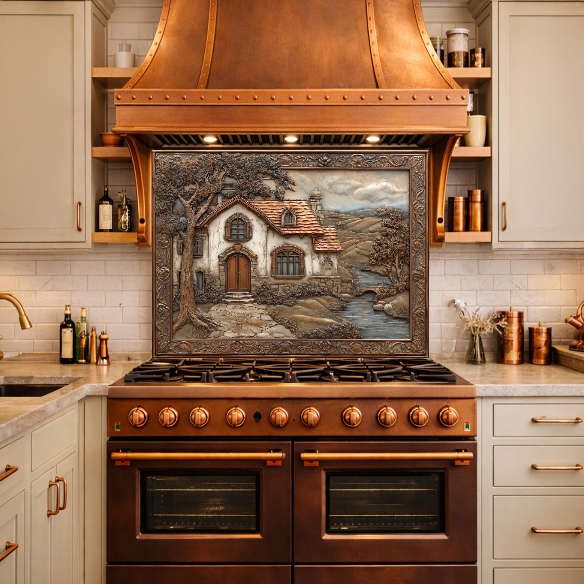 Rustic Farmhouse Tempered Glass Backsplash, Copper Look Country Cottage Wall Panel, Custom Size