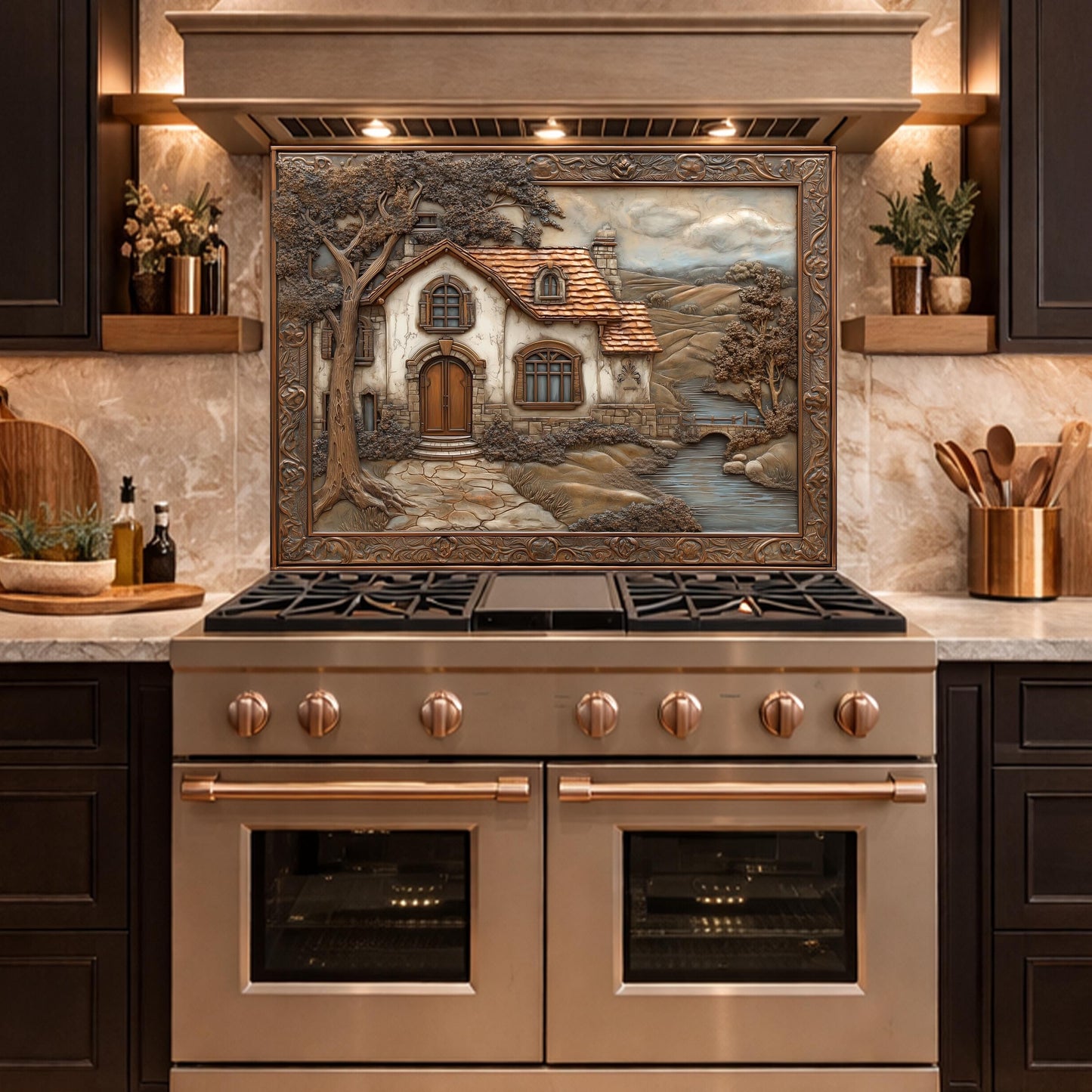 Rustic Farmhouse Tempered Glass Backsplash, Copper Look Country Cottage Wall Panel, Custom Size