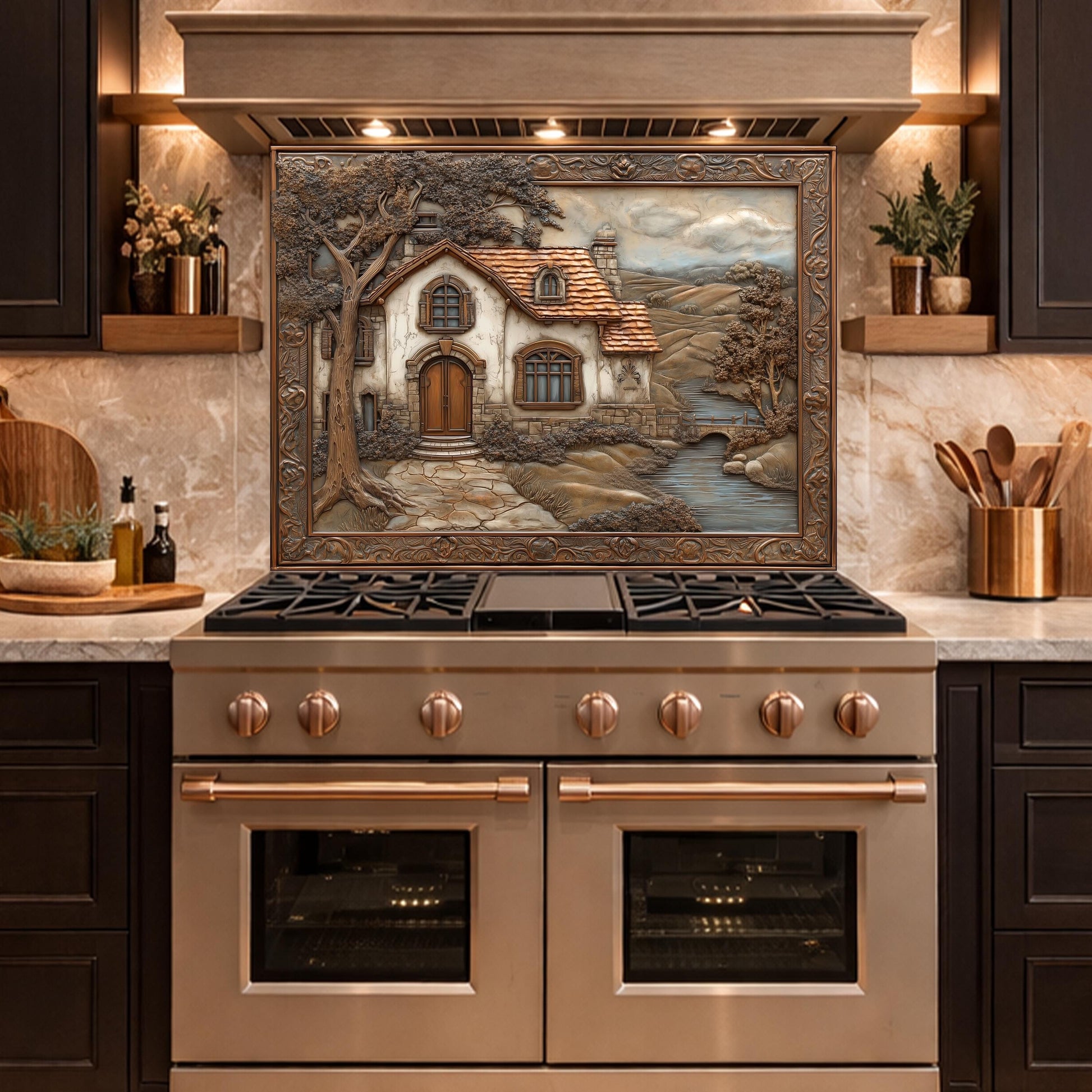 Rustic Farmhouse Tempered Glass Backsplash, Copper Look Country Cottage Wall Panel, Custom Size