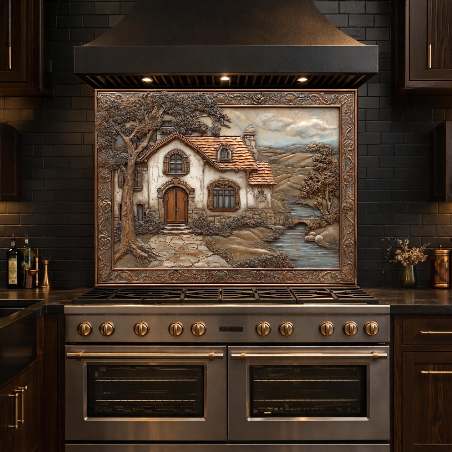 Rustic Farmhouse Tempered Glass Backsplash, Copper Look Country Cottage Wall Panel, Custom Size