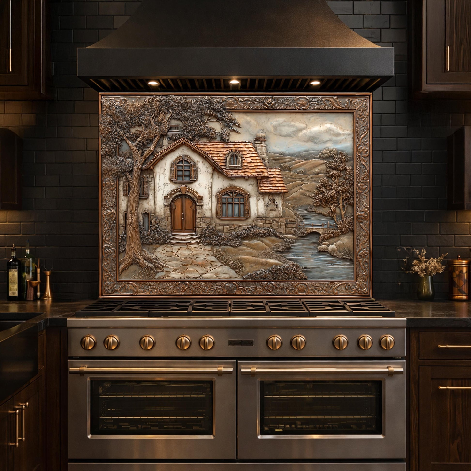 Rustic Farmhouse Tempered Glass Backsplash, Copper Look Country Cottage Wall Panel, Custom Size