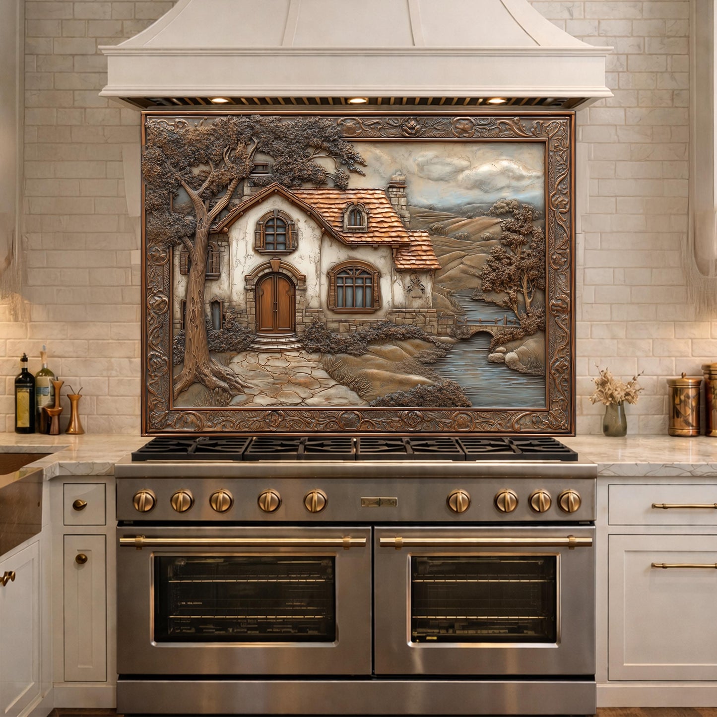 Rustic Farmhouse Tempered Glass Backsplash, Copper Look Country Cottage Wall Panel, Custom Size