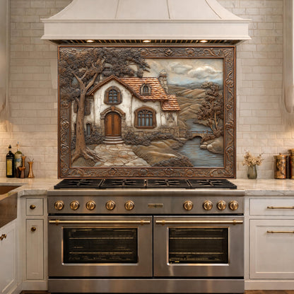 Rustic Farmhouse Tempered Glass Backsplash, Copper Look Country Cottage Wall Panel, Custom Size