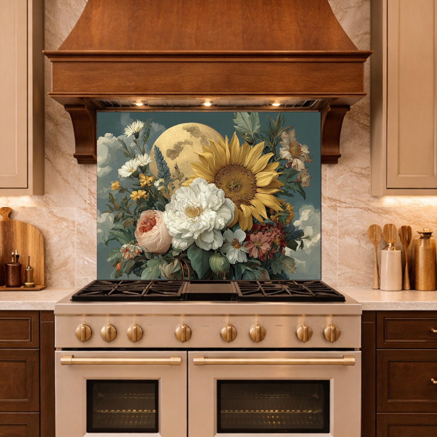 Moonlit Sunflower Tempered Glass Backsplash, Floral Bouquet with Peony and Rose Wall Panel