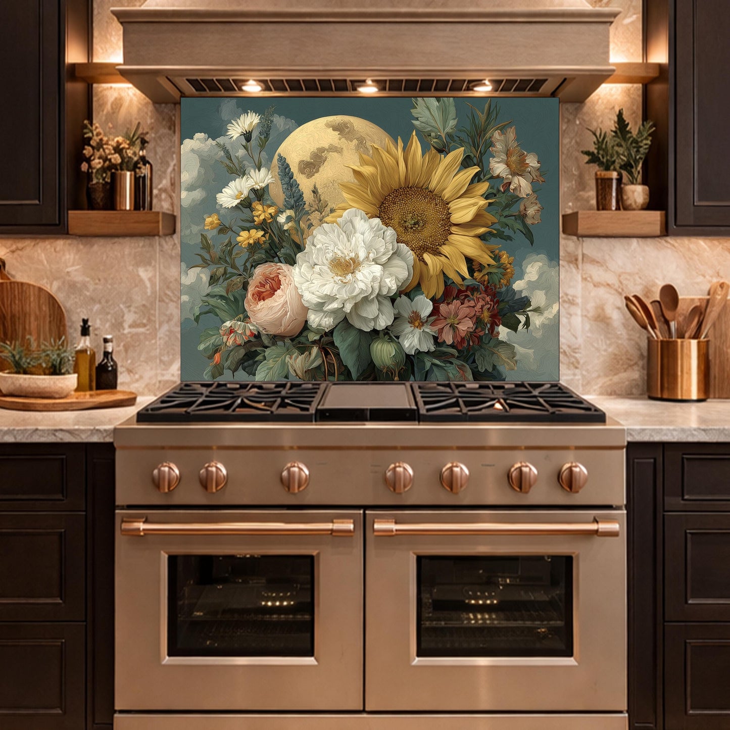 Moonlit Sunflower Tempered Glass Backsplash, Floral Bouquet with Peony and Rose Wall Panel