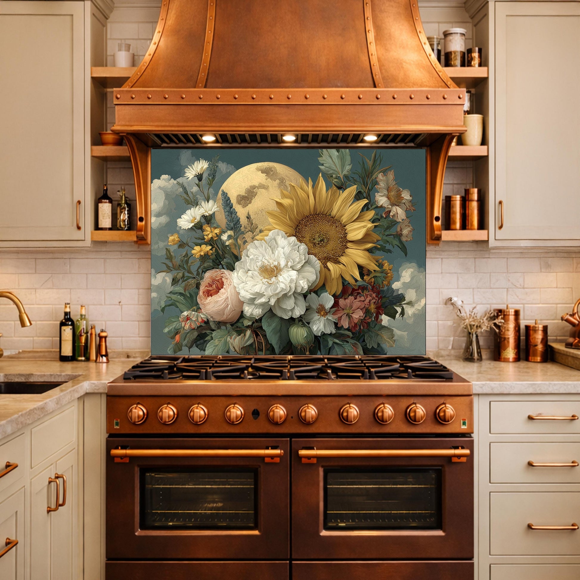Moonlit Sunflower Tempered Glass Backsplash, Floral Bouquet with Peony and Rose Wall Panel