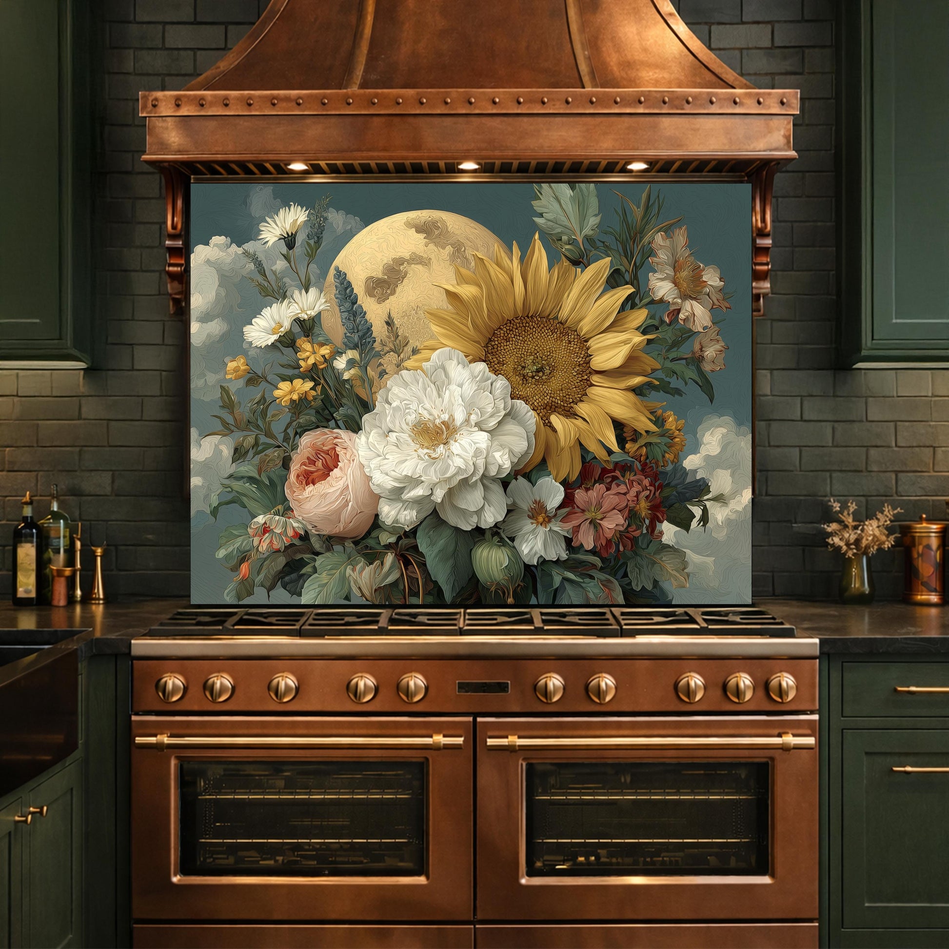 Moonlit Sunflower Tempered Glass Backsplash, Floral Bouquet with Peony and Rose Wall Panel
