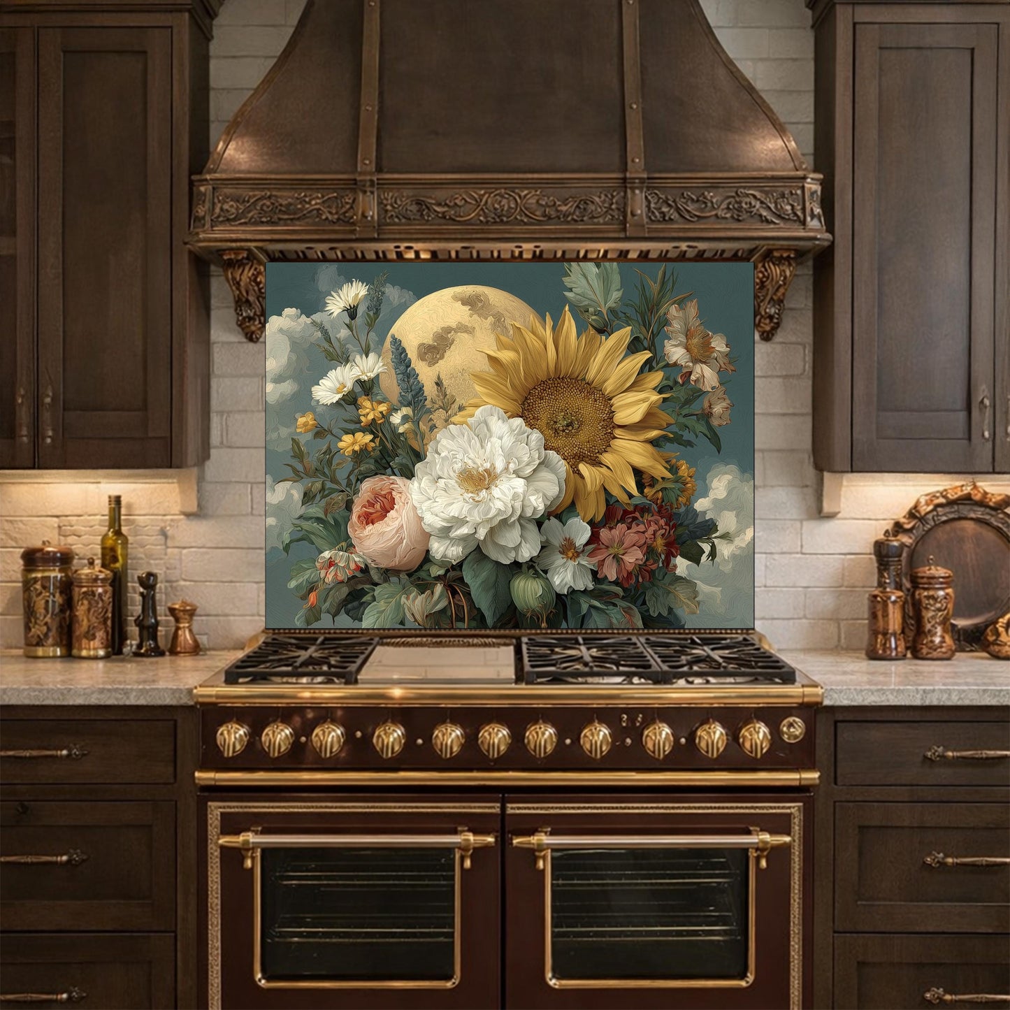 Moonlit Sunflower Tempered Glass Backsplash, Floral Bouquet with Peony and Rose Wall Panel