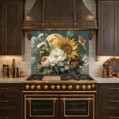 Moonlit Sunflower Tempered Glass Backsplash, Floral Bouquet with Peony and Rose Wall Panel