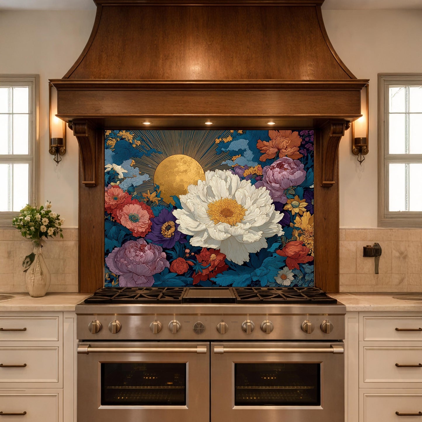 Moonlit Peony Garden Tempered Glass Backsplash, Floral Bouquet with Roses Wall Panel, Custom Size