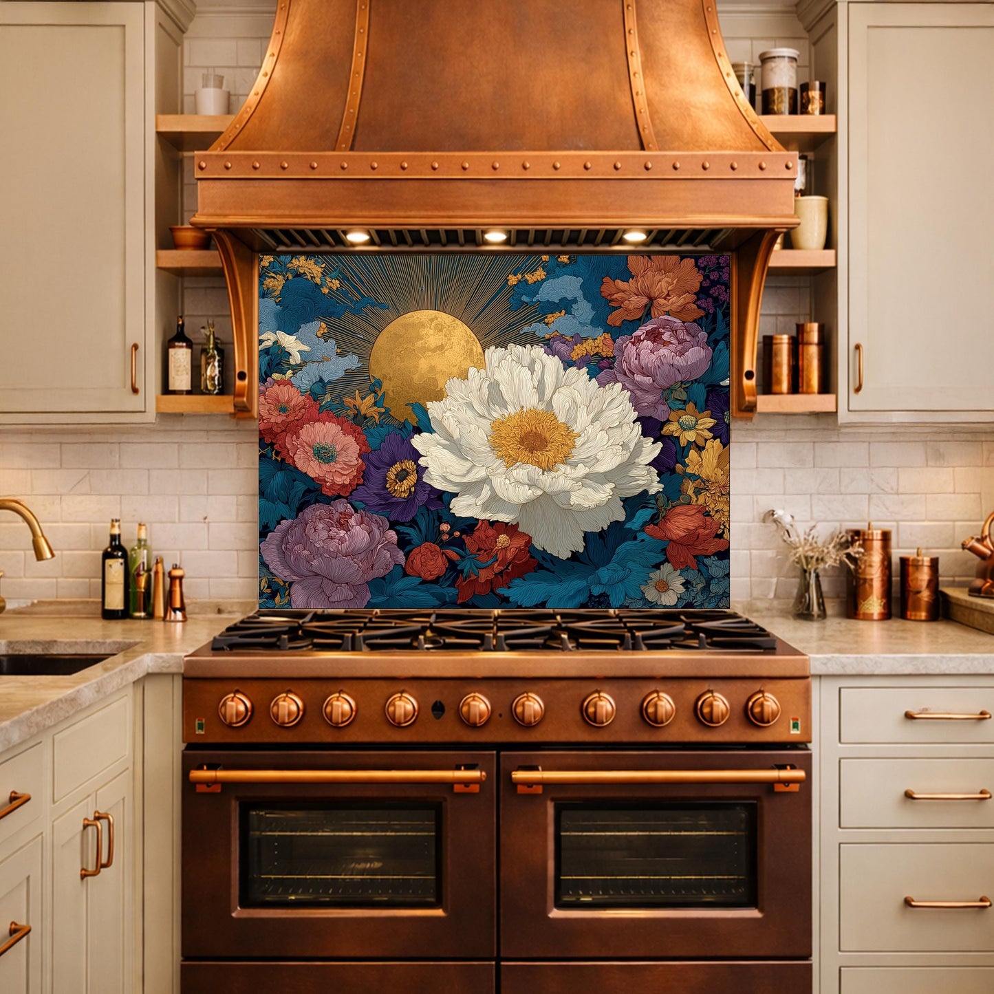 Moonlit Peony Garden Tempered Glass Backsplash, Floral Bouquet with Roses Wall Panel, Custom Size