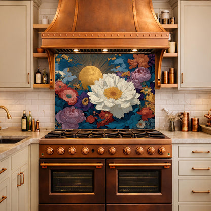 Moonlit Peony Garden Tempered Glass Backsplash, Floral Bouquet with Roses Wall Panel, Custom Size