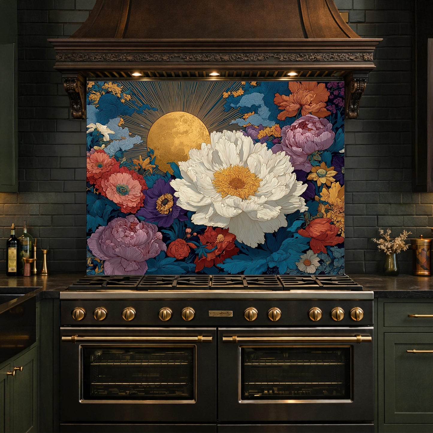 Moonlit Peony Garden Tempered Glass Backsplash, Floral Bouquet with Roses Wall Panel, Custom Size