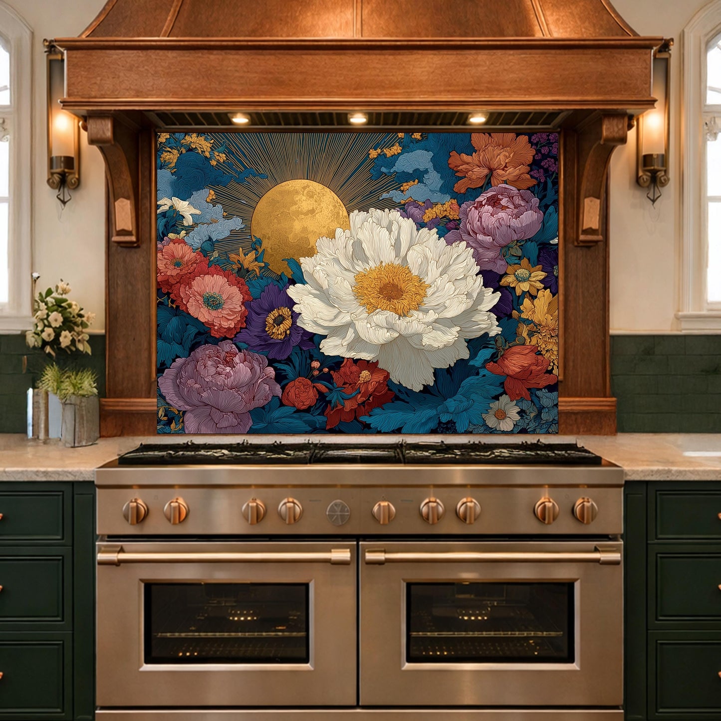 Moonlit Peony Garden Tempered Glass Backsplash, Floral Bouquet with Roses Wall Panel, Custom Size