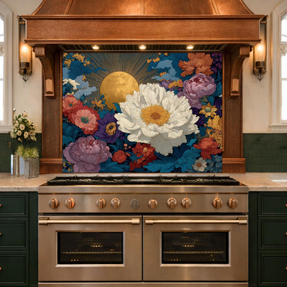 Moonlit Peony Garden Tempered Glass Backsplash, Floral Bouquet with Roses Wall Panel, Custom Size