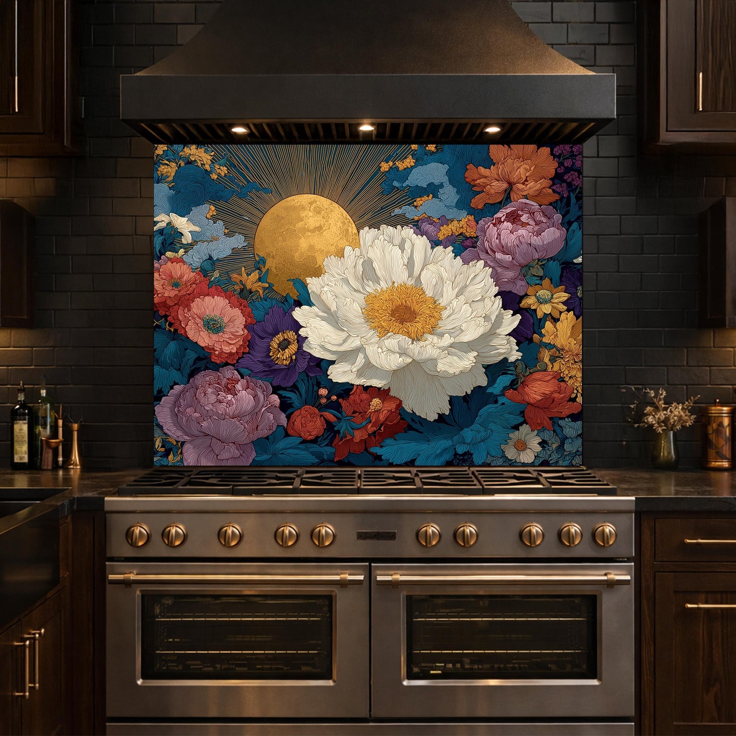 Moonlit Peony Garden Tempered Glass Backsplash, Floral Bouquet with Roses Wall Panel, Custom Size