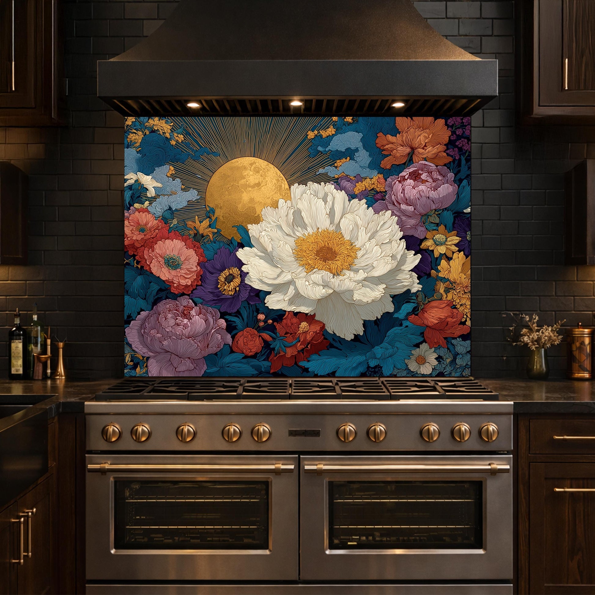 Moonlit Peony Garden Tempered Glass Backsplash, Floral Bouquet with Roses Wall Panel, Custom Size