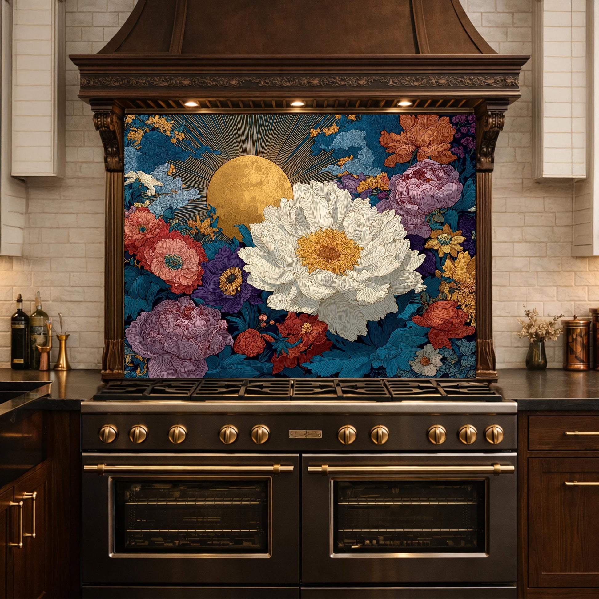 Moonlit Peony Garden Tempered Glass Backsplash, Floral Bouquet with Roses Wall Panel, Custom Size