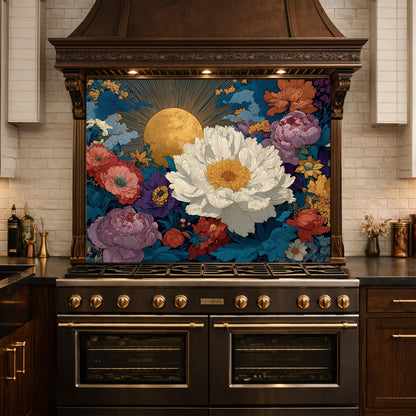 Moonlit Peony Garden Tempered Glass Backsplash, Floral Bouquet with Roses Wall Panel, Custom Size