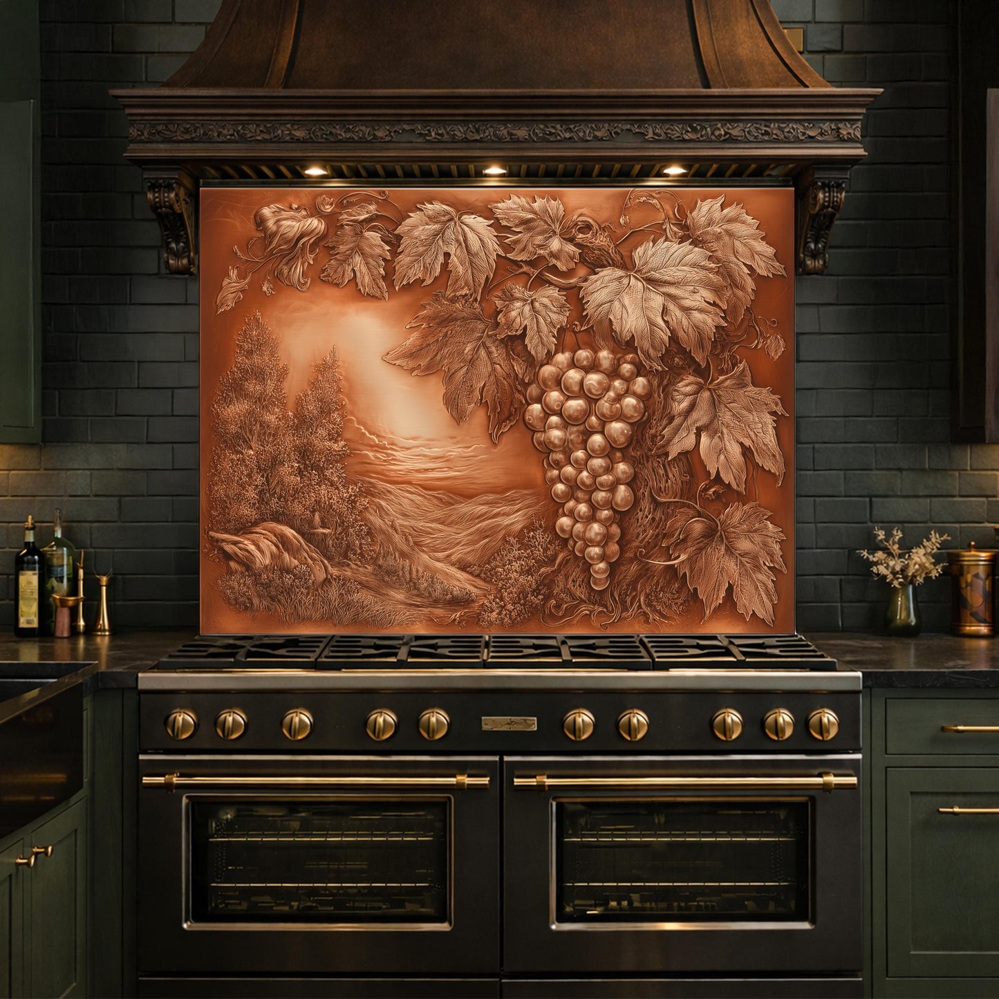 Vineyard Harvest Tempered Glass Backsplash, Copper Look Grapes and Vines Wall Panel, Custom Size