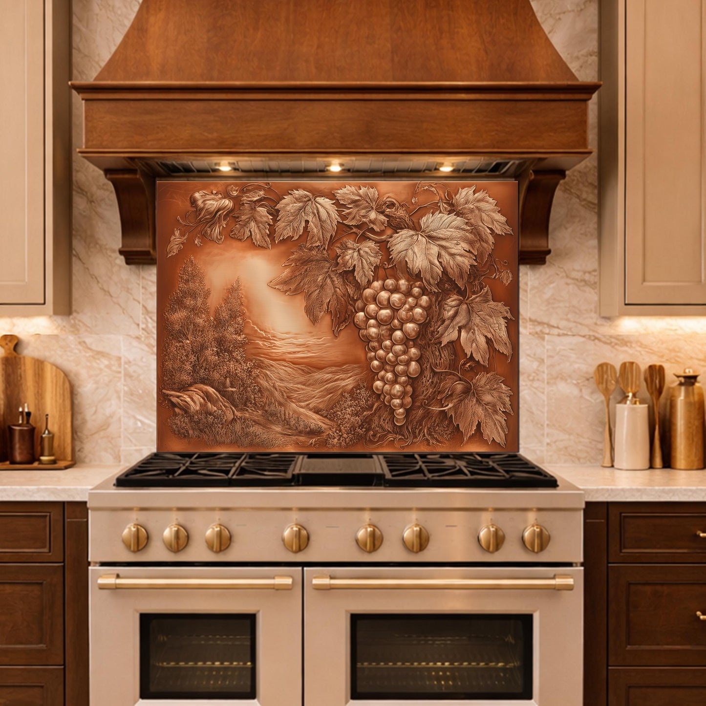 Vineyard Harvest Tempered Glass Backsplash, Copper Look Grapes and Vines Wall Panel, Custom Size