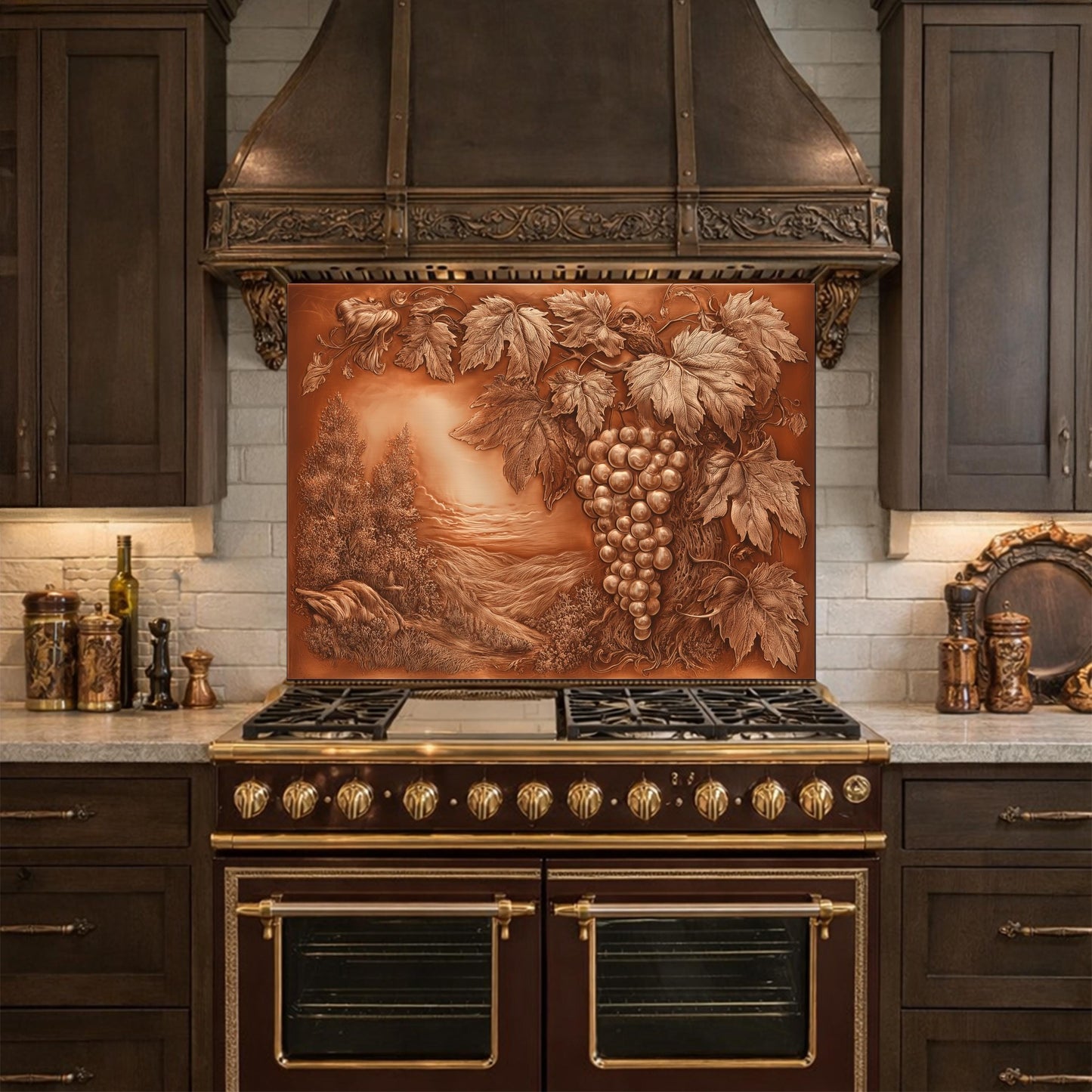 Vineyard Harvest Tempered Glass Backsplash, Copper Look Grapes and Vines Wall Panel, Custom Size