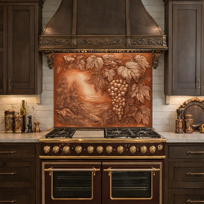Vineyard Harvest Tempered Glass Backsplash, Copper Look Grapes and Vines Wall Panel, Custom Size