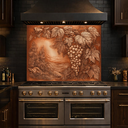 Vineyard Harvest Tempered Glass Backsplash, Copper Look Grapes and Vines Wall Panel, Custom Size