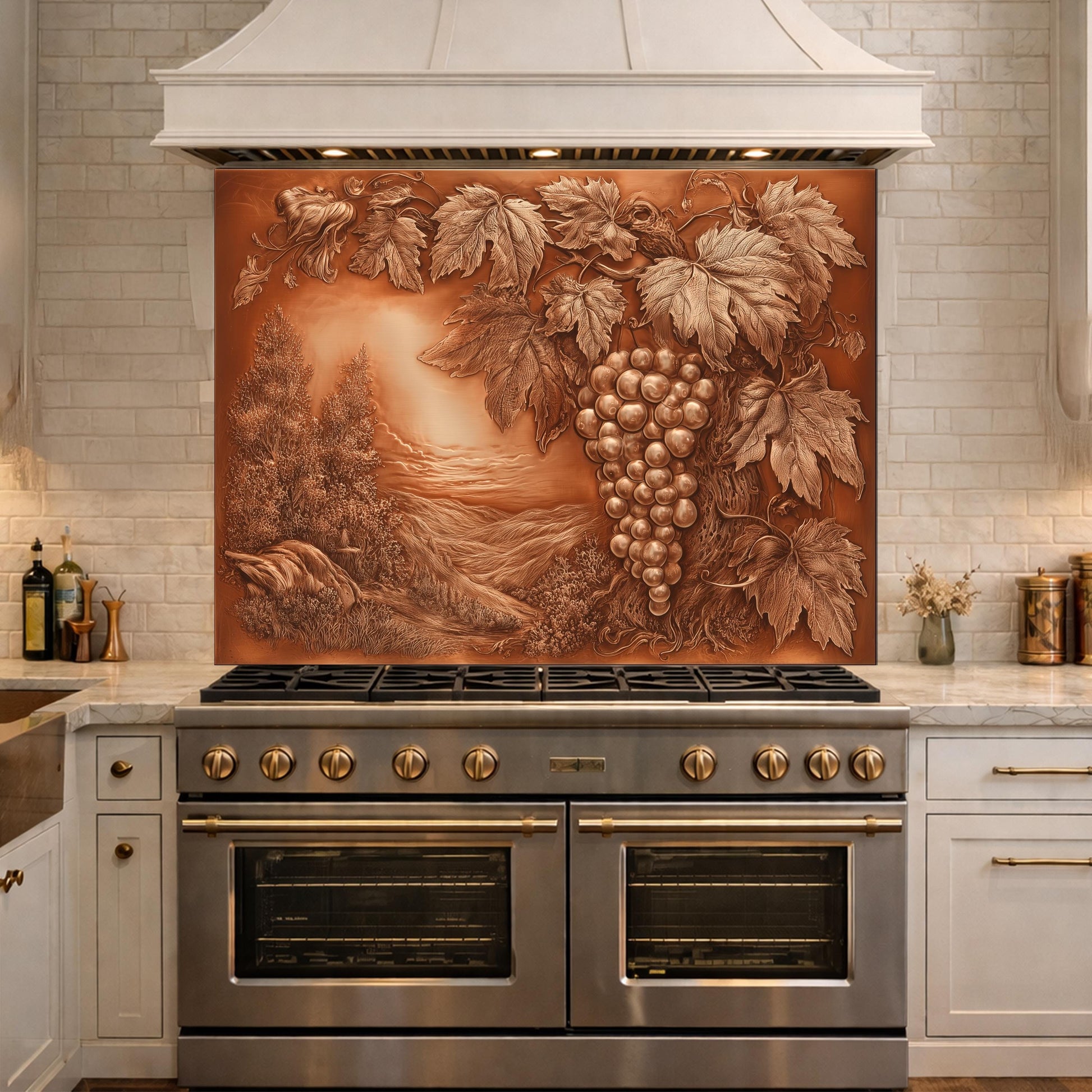 Vineyard Harvest Tempered Glass Backsplash, Copper Look Grapes and Vines Wall Panel, Custom Size