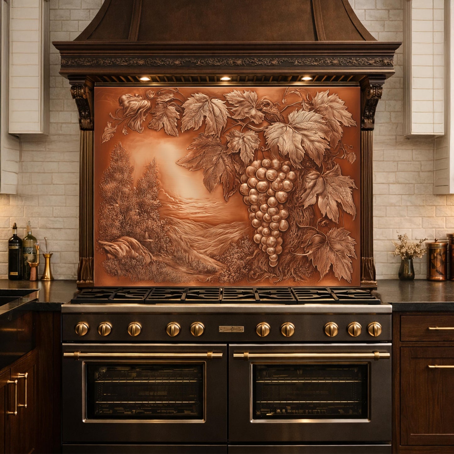 Vineyard Harvest Tempered Glass Backsplash, Copper Look Grapes and Vines Wall Panel, Custom Size
