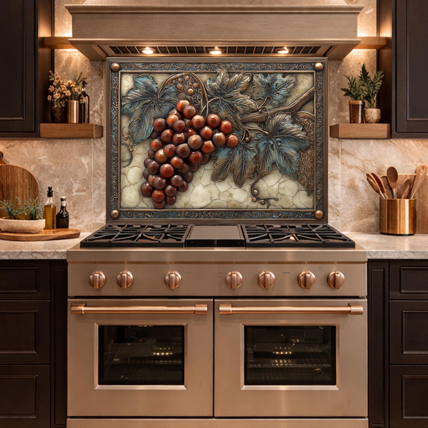 Vineyard Harvest Tempered Glass Backsplash, Copper Look Grapes and Vines Wall Panel, Custom Size