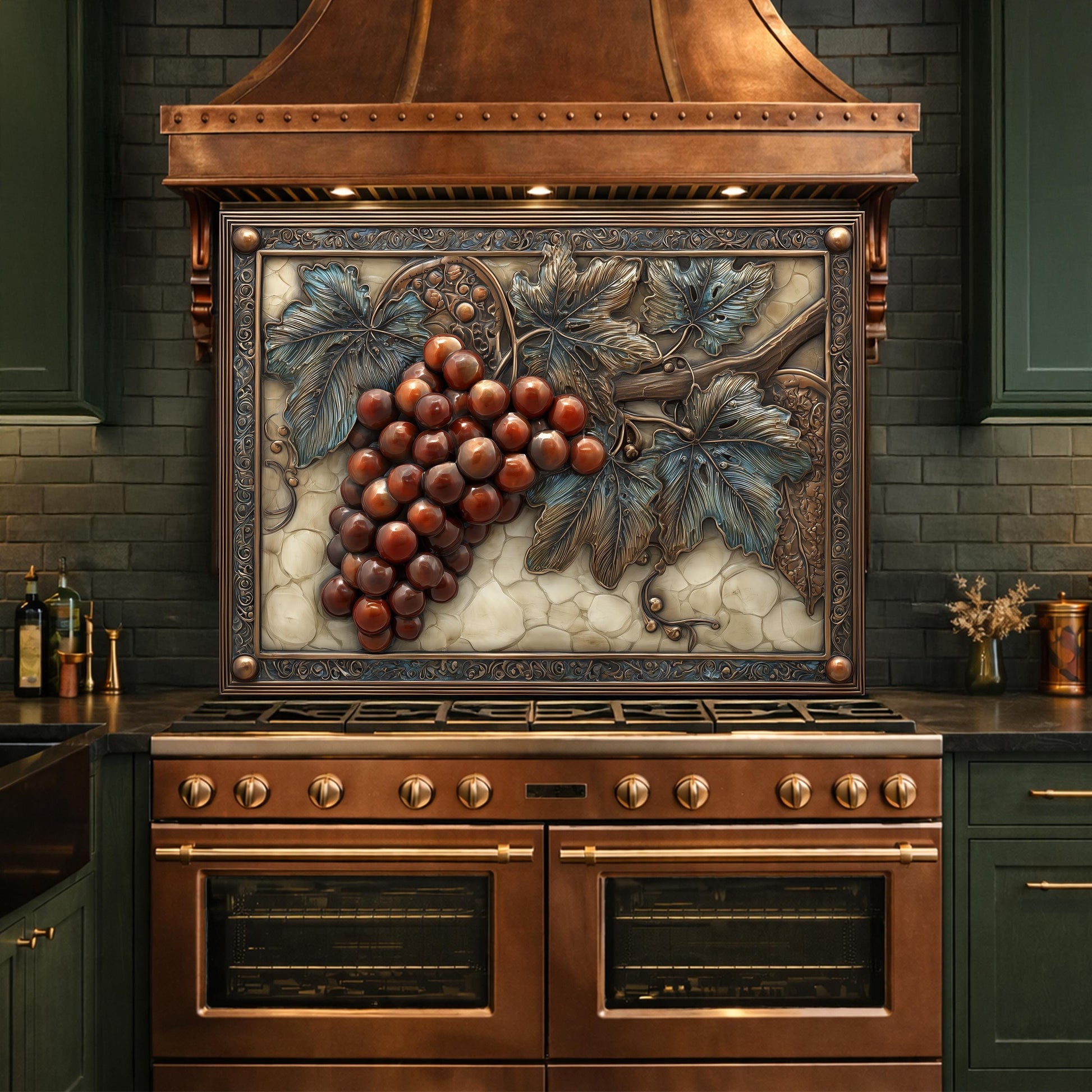 Vineyard Harvest Tempered Glass Backsplash, Copper Look Grapes and Vines Wall Panel, Custom Size