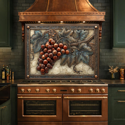 Vineyard Harvest Tempered Glass Backsplash, Copper Look Grapes and Vines Wall Panel, Custom Size