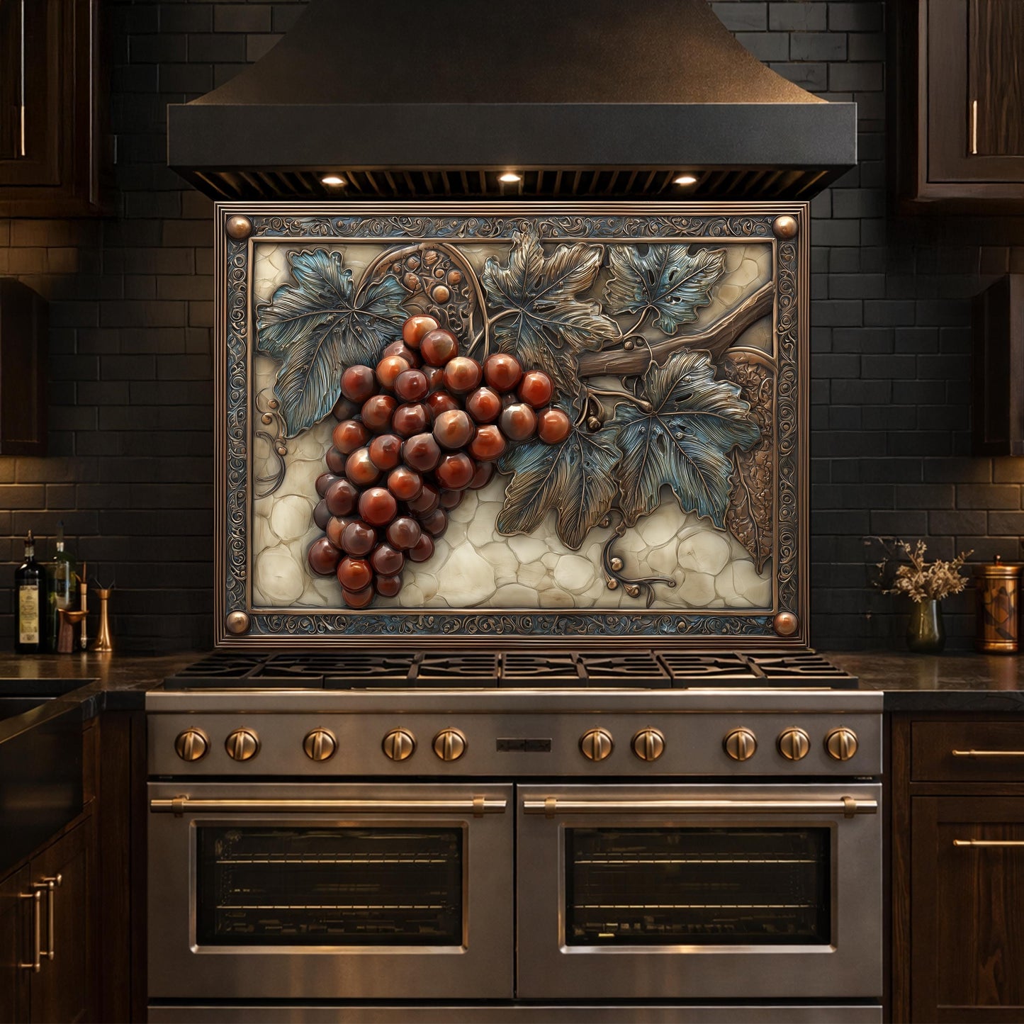 Vineyard Harvest Tempered Glass Backsplash, Copper Look Grapes and Vines Wall Panel, Custom Size