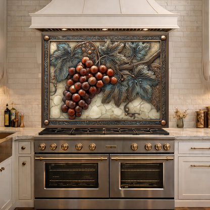 Vineyard Harvest Tempered Glass Backsplash, Copper Look Grapes and Vines Wall Panel, Custom Size